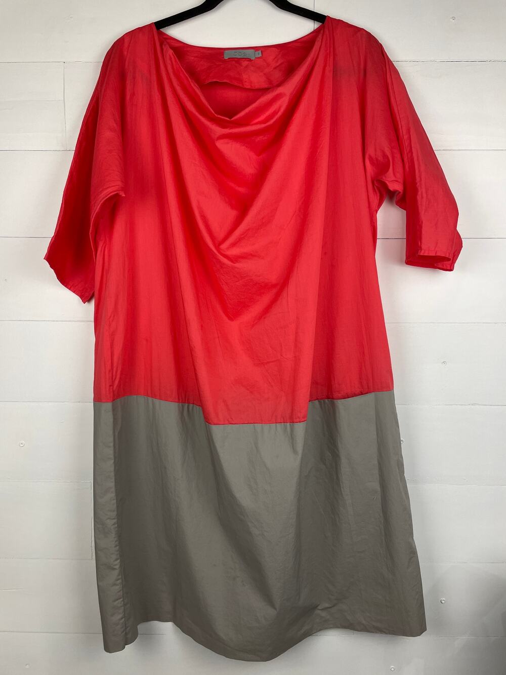 COS 100% Cotton Minimalist Lagenlook Color Block Shift Dress Coral Grey XL 14